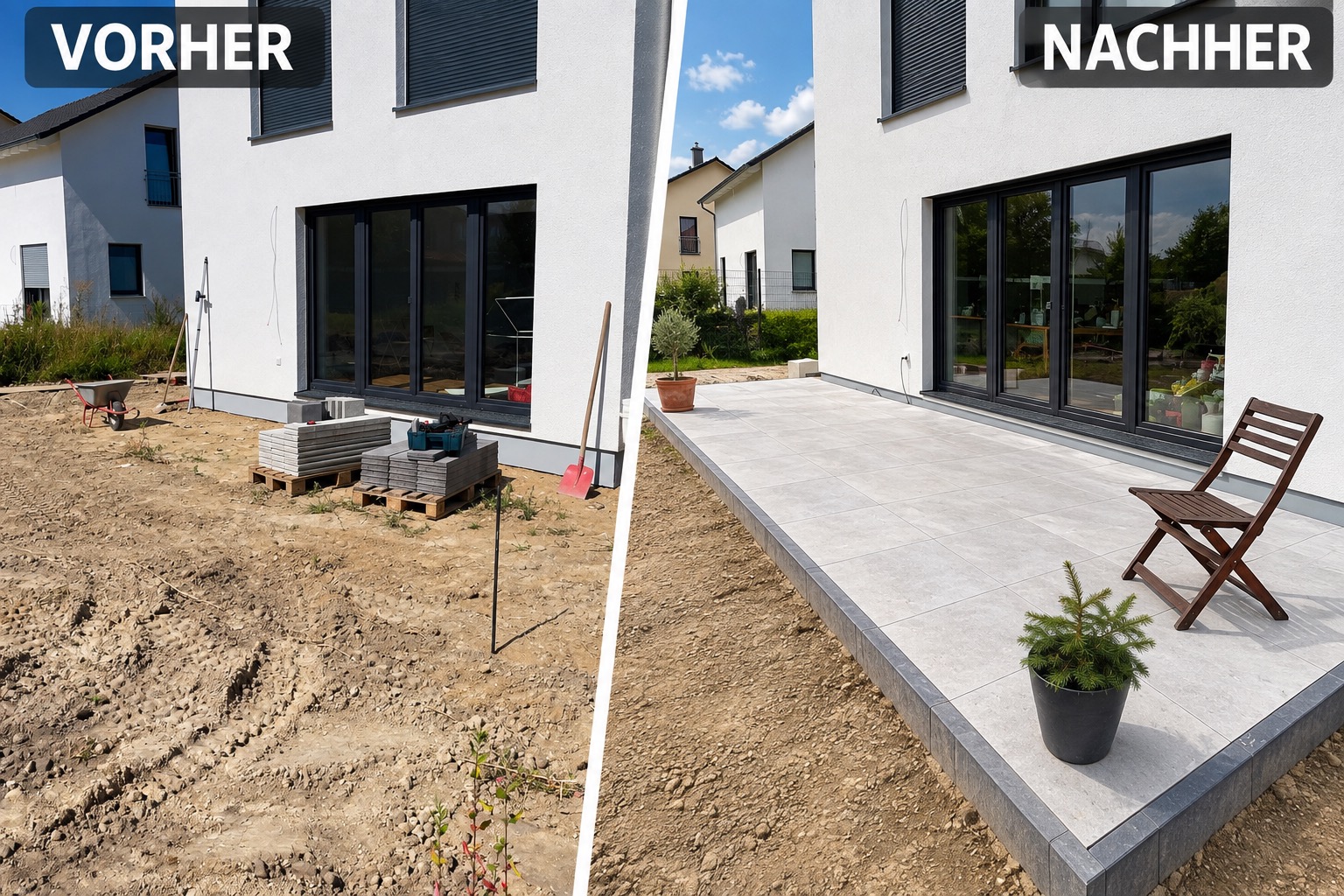 Terrassenneubau am Wohnhaus – moderne Gestaltung mit großformatigen Platten